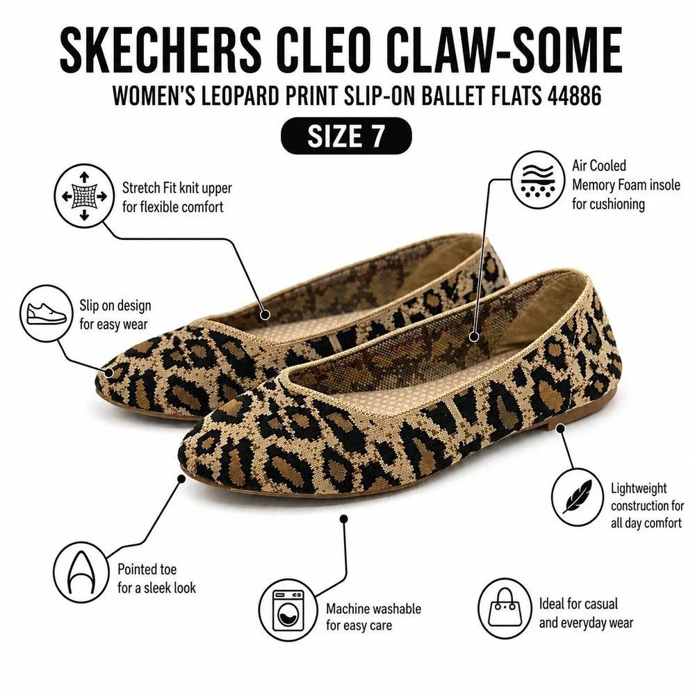 Skechers Cleo Claw-Some Women's Size 7 Leopard Print Slip-On Ballet Flats 44886